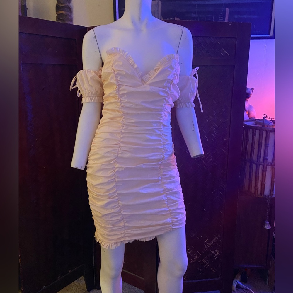Ladies Coquette ruched Lolita mini beige ruffle cocktail dress quaint chic - Picture 5 of 12
